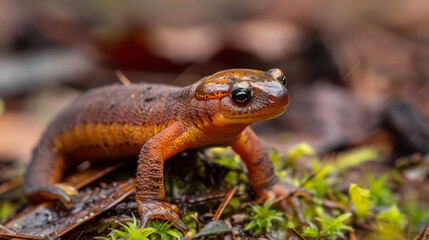 Naklejka premium A curious newt on a log, showcasing its bright orange colour and textured skin.