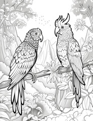 Coloring book parrot sitting on the trees doodle style black outline. line art black and white background.