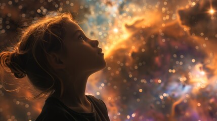 Young girl gazing into a starry cosmos, a moment capturing the awe and wonder of the universe through the eyes of childhood curiosity.
