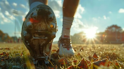 Close-up of a rugby player's boot and ball on the field at sunset, conveying the gritty essence and determination in sports training.
