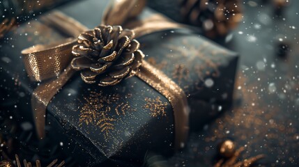 Elegant Christmas gift box adorned with a pinecone and golden ribbon, embodying the festive spirit and joy of holiday gift-giving.
