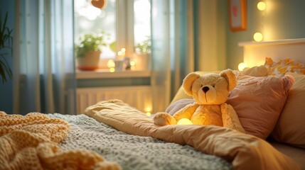 Cozy bedroom interior with warm light, plush teddy bear on bed, inviting home atmosphere, tranquil restful setting, modern living space
