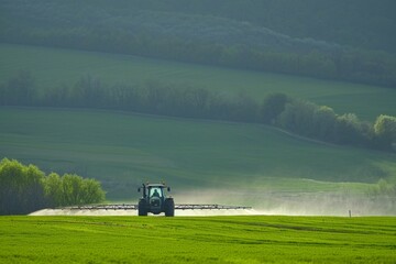 Fototapeta premium Modern tractor spraying fertilizer chemical spray pesticide land cultivated farmland farm harvest agriculture field equipment driving wheat meadow countryside ecology ecological farming eco-awareness