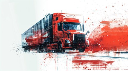 Speeding red semi-truck on highway, dynamic transport and delivery, stylized artistic impression, logistics and freight concept
