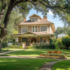 Luxury house with landscaped garden, upscale residential property concept