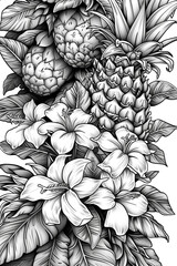 Coloring book flowers fruit pinepple doodle style black outline. line art floral black and white background