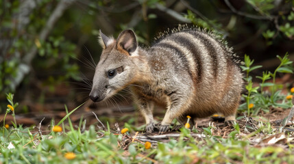 Naklejka premium A foraging numbat with distinctive stripes sniffing around its woodland habitat.