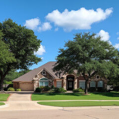 Fototapeta na wymiar Single-story suburban home in Texas with lush landscaping and clear blue sky, street view