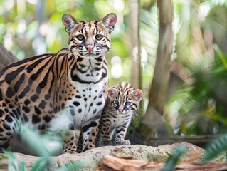 A vigilant ocelot with its cub in the dense foliage, blending into the natural surroundings.