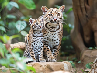 An ocelot mother watches over her cub in a lush, green jungle setting.