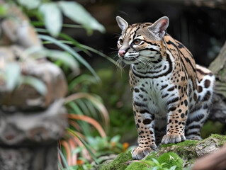 A majestic ocelot perched gracefully, its gaze fixated on the distance.
