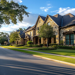Elegant brick house in Texas, residential architecture with landscaped garden, street view 