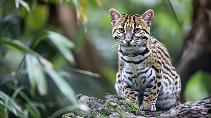 An ocelot crouching in the forest, its intense eyes scanning the surroundings.