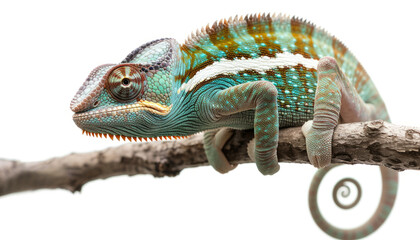 Obraz premium Colorful chameleon on a branch, isolated on white, wildlife and camouflage concept with copy space