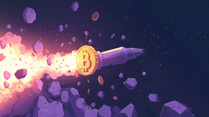 Fototapeta premium Bitcoins with rocket fly bullish bitcoin market concept .vector illustration.