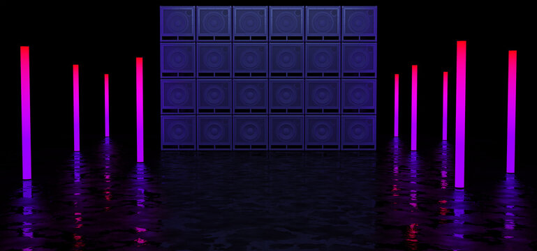 Guitar amplifiers surrounded by vertical LED lights. A wall of guitar amplifiers. 3D Render.