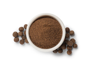 Ground and whole allspice berries (Jamaica pepper) isolated on white, top view