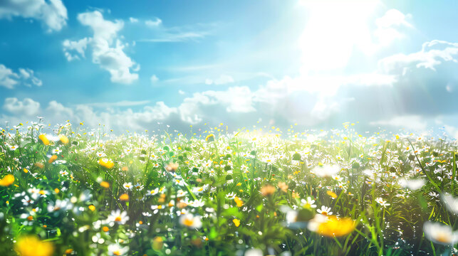 Meadow fields with blooming daisy flowers.Spring season with sunlight clear blue sky.