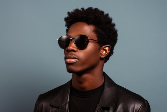 a black man wearing sunglasses on a gray background