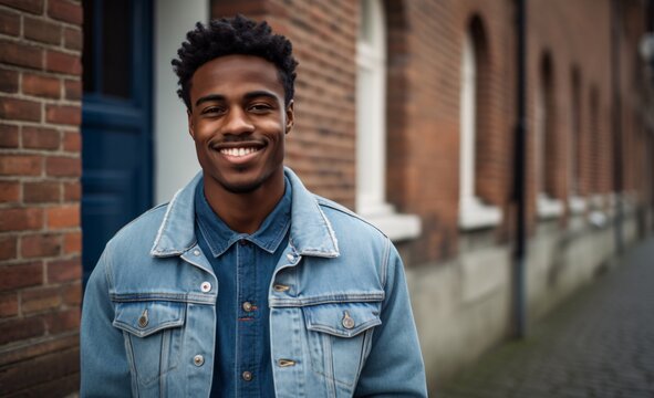 a young black man in jeans posing before a brick wall