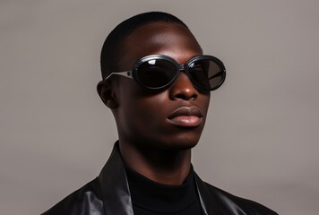 a black man wearing sunglasses on a gray background