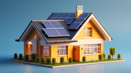 Smart home 3d model with solar panels for renewable energy on blurred background, copy space