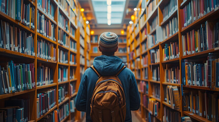Bookish Perspective: Back View of a Student Immersed in Library Exploration. Generative AI