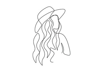 Continuous one line drawing of woman face with hat. Vector illustration. Free vector
