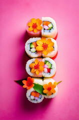 Fototapeta na wymiar Sushi and rolls on a pink background with flowers for March 8