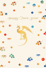 カラフルな植物模様の背景に座る金色の翼と角のある翼竜　竜辰年　年賀状デザイン