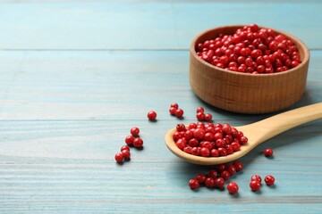 Aromatic spice. Red pepper in bowl and spoon on light blue wooden table, closeup. Space for text