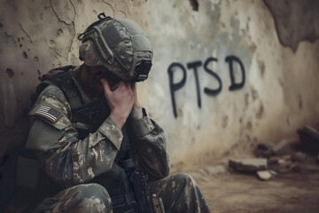 sad soldier and inscription PTSD on the wall, PTSD for post-traumatic stress disorder. Neural network generated image. Not based on any actual scene or pattern. - Powered by Adobe