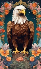 overwhelmingly beautiful eagle framed with vector flowers, long shiny wavy flowing hair, polished, ultra detailed vector floral illustration mixed with hyper realism, muted pastel colors, vector flora