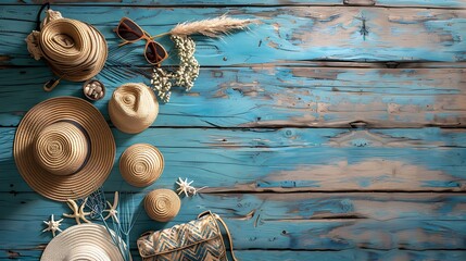 Top view of Beach accessories like hats, sunglasses, and beach bags arranged on a wooden pier with...