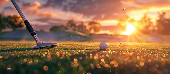 Zelfklevend Fotobehang Close up a golf ball on the green field of golf course at sunset view. Generated AI image © is