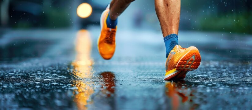 Close up a runner feet shoes of running athlete on city street blur background. Generated AI image