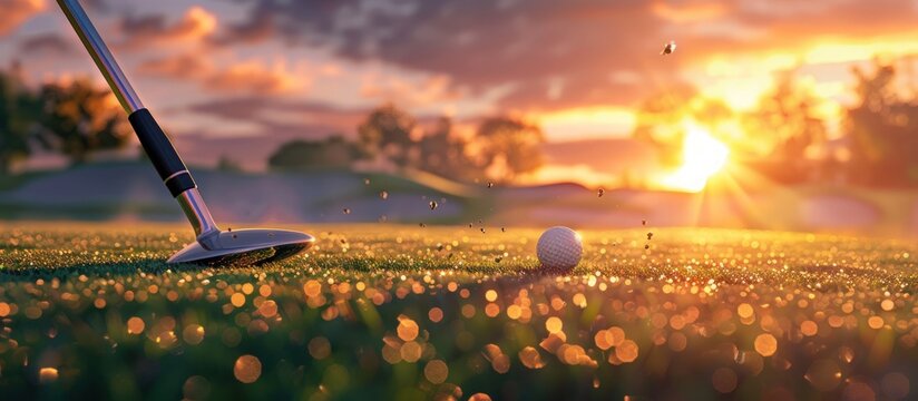 Close up a golf ball on the green field of golf course at sunset view. Generated AI image