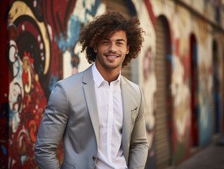 a man with curly hair standing next to a graffiti wall with a smile