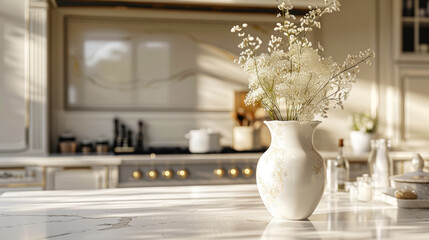 Interior of a modern kitchen with an island. Close-up of a beige fashion vase. Light colors. Generative AI