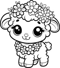 Mouton de pâques à colorier, avec collier de fleurs, joli dessin idéal pour livre coloriage enfant pendant les vacances. Dessin au trait. 