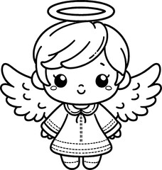 Petit enfant ange de pâques avec des ailes à colorier, dessin idéal pour livre coloriage enfant pendant les vacances. Dessin au trait. 