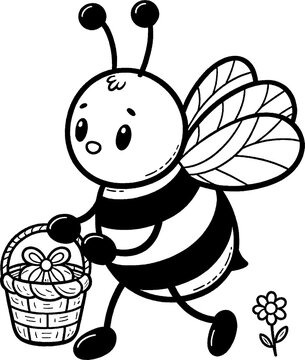 Abeille et panier de p&acirc;ques &agrave; colorier, dessin id&eacute;al pour livre coloriage enfant pendant les vacances. Dessin au trait. 