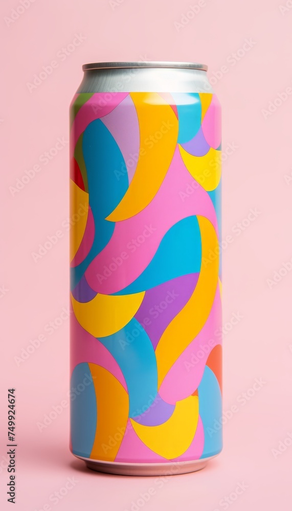 Poster mock up empty aluminum soda can on abstract background with copy space for text placement