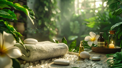 Spa Massage and Aromatherapy Scene with Stones, Bamboo, and Nature-Inspired Wellness Concept