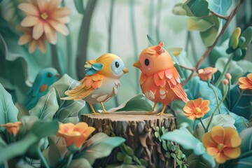 Birds on tree branches welcome spring with paper craft pattern