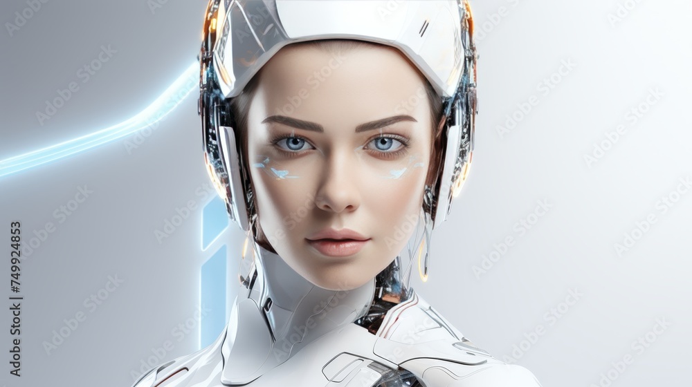 Poster futuristic humanoid ai robot with white design, ideal for future concepts, with space for text.