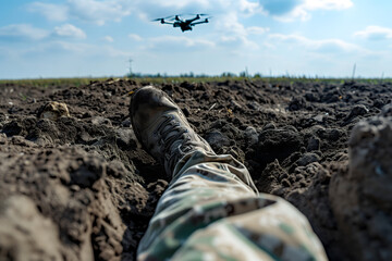 Fallen soldier leg laying on the dirt with flying drone in the sky above. Neural network generated image. Not based on any actual scene or pattern.