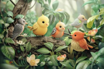 Cute birds on tree branches welcome spring