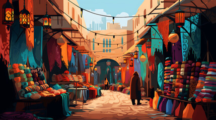 A vector image of a Moroccan bazaar with colorful textiles.