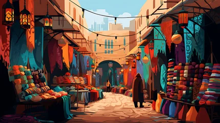 Papier Peint photo Lavable Ruelle étroite A vector image of a Moroccan bazaar with colorful textiles.
